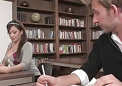 Geeky shemale sucks off nerds big cock in the library