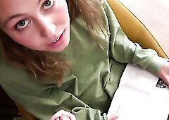 Brunette girl got distracted from her book with his big cock POV