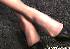 Breasty cfnm mother i'd like to fuck domme in high heels shows off pants to undressed stud jerking