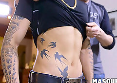 inked jock getting his manhood blown by an older gay dude