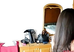 A punter visited ladyboy prostitute Amy to get serviced. Amy marked the price and started sucking dong. Later Amy got painfully banged bareback and ga