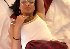 Hot brunette babe sexy in uniform and miniskirt thong try-on photo shoot in hotel room went wrong