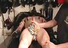 Bound guy with dick in clothespins