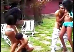 Outdoor oral foursome with shemales