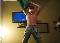 Amateur Gay In Santa Hat Dancing On A Bed