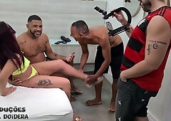 Redheaded wife rides tattooed husband as BBC cums inside her from behind