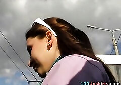 White panty with something peeping out that looked like a liner was well seen through her panti-tights :) When I played this video I pressed pause to 