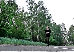 Public crossdressing in short suit and nylons