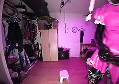 4 tens pads on arse cheeks, two pads above-under cage wired to the pebble... other channel to a rod ring.. vibrating sleeve over me cage.. nipp clamps