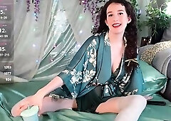 Busty curly brunette with big boobs fucks on couch