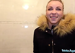 Public Agent Multiple orgasms as taut snatch stretched in public crap-house