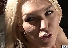 Busty trans Aubrey Kate gets bj in gloryhole and fucks girl