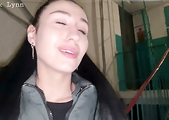 Black Lynn gives a deep blowjob to her boyfriend on indoor stairs amid smoke