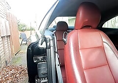 kelly cd in pink costume and pink hose on the driveway trying out my recent toy in the car but can't stop myself from cuming to pretty soon as it