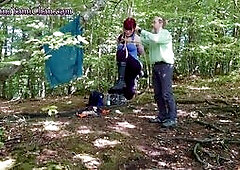Shibari “Running Girl” pose in public forest, spanking & humiliating