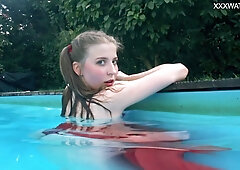 Super hot in red lingerie babe Marfa underwater and by the pool