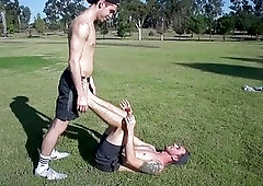 After stretching, two hunks take a break for satisfying anal sex