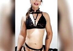 Trans cutie in fishnets strokes her dick