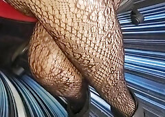 Wide Hips And Thick Legs In Bouncing In Black Fishnets And Heels