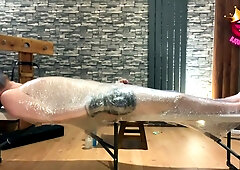 Bound and blindfolded man wrapped in plastic endures edging and teasing
