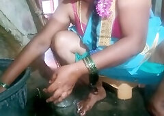 Indian aunty gives a blowjob while cleaning her food plate