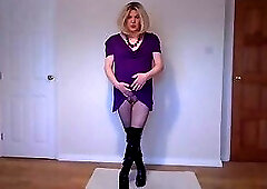 Gothic look with purple minidress and fishnets