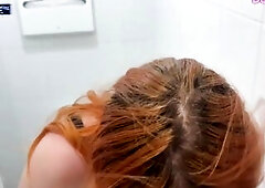 Cummed on her booty in a public restroom. Risky public sex with a stranger.