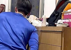 Gay asian in blue socks playing with his dildo