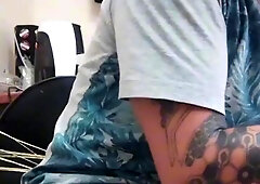 A black stud screaming in ache and taking hold of the inked ash-blonde stud's boner.