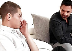 Submissive oiled deepthroat twink barebacked by leather hunk