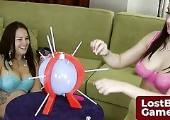 Diving into old footage, we found a gem: tattooed Latina Angel and big-boobed Grace going head-to-head in Prick-Prick-Bang. They take turns rolling a 