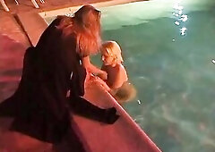 2 hot lesbo babes are swimming jointly in the swimming pool and having a worthy time.