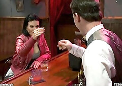 Ideal large breasts brunette hair Oriental tgirl Yasmine Lee seduces bartender Vern Hopkins and gets oral job from him then anal bangs him with large 