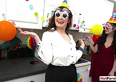 Mature stepmom Melody Mynx and stepsis Tifa Quinn give a birthday blowjob in the kitchen