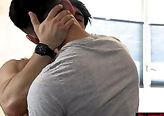 Asian stud anal fucks latino hunk bareback at a bar