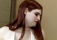 Curvy redhead bent over by brunette shemale and fucked hardcore