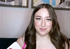 Busty curly brunette with big boobs fucks on couch