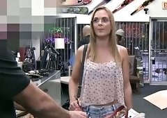 Nerdy blonde woman gets fucked hard in the shop