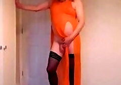 Orange dress and black hold up stockings