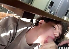 LetsGoBi.com movie scene! Piotr sucks Olivier underneath the table when charming black Rebeca Villar steps in. See the full 4K Clip at LetsGoBi.com