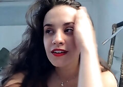 Brunette squeezes her big boobs with perky nipples and moans