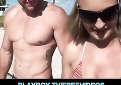 A couple of bikini honeys get paid money on the beach to jump in a van and bang