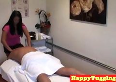 Busty asian masseuse tugging and fucking