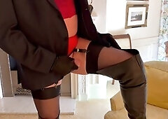 Close up, leather, big shaved cock