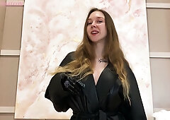Gloved brunette in black top guides viewer through intense handjob and creampie consumption