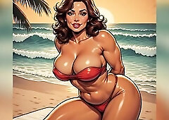 It's a charming day at the beach in those AI generated scenes. Hotties with ideal bodies are lounging and posing topless and exposed. Their tanne