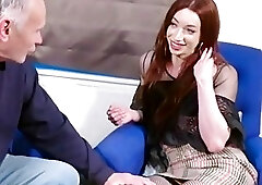 Striking shemale sucked off by an old man and railed