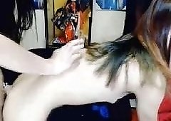 Nasty chicks with dicks fuck each other hard on webcam