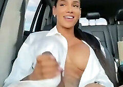 Tatted-up tranny with a mighty cock misbehaving solo in a goddamn jalopy. Buckle up, fuckers