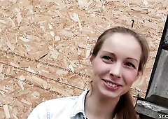 Skinny German teen with blonde hair, Kinuski likes to get down on her knees and suck cock